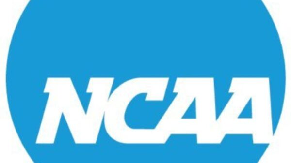 The blue and white logo of NCAA