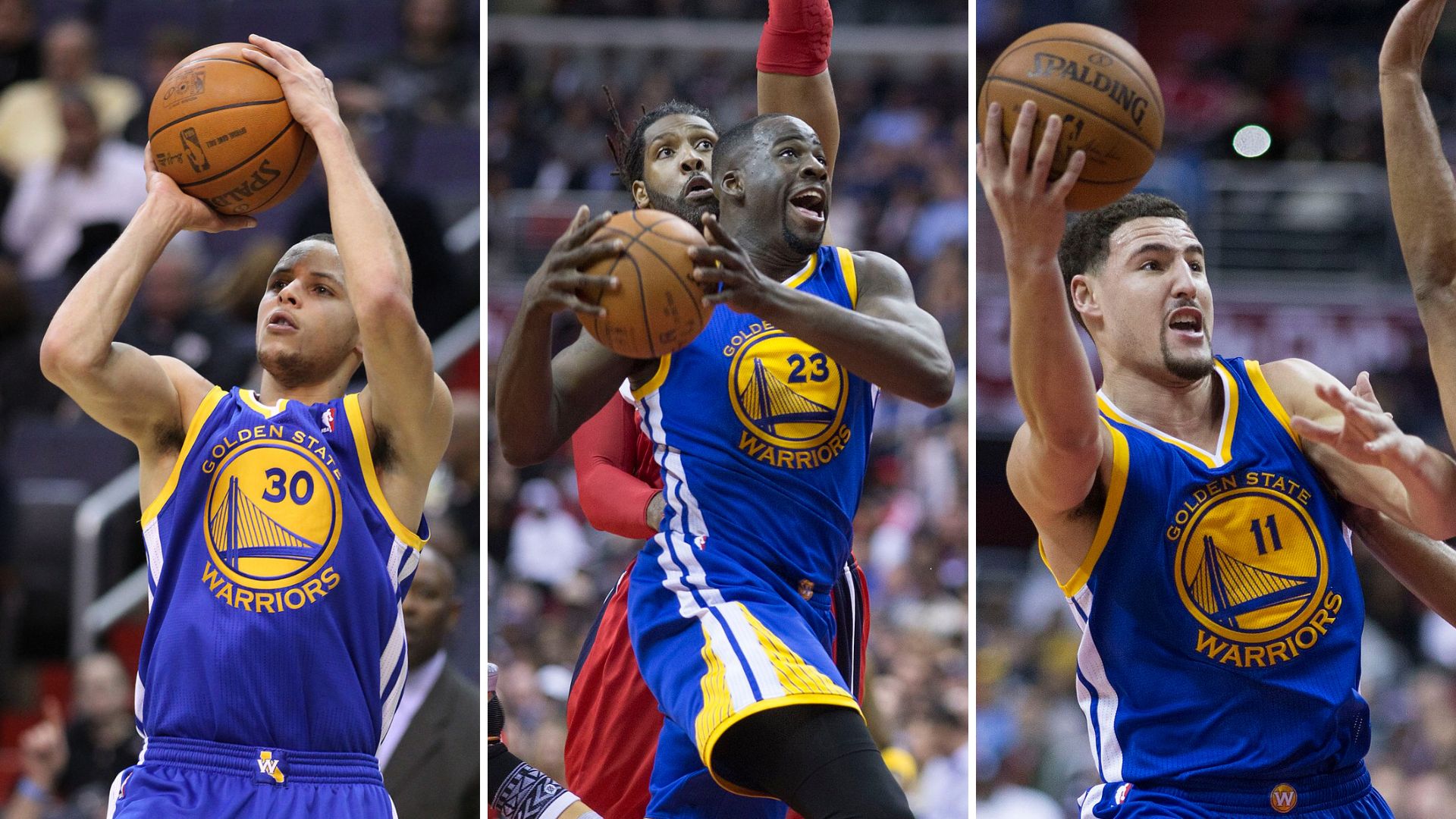 Stephen Curry, Draymond Green, Klay Thompson Holding a Basketball Ball