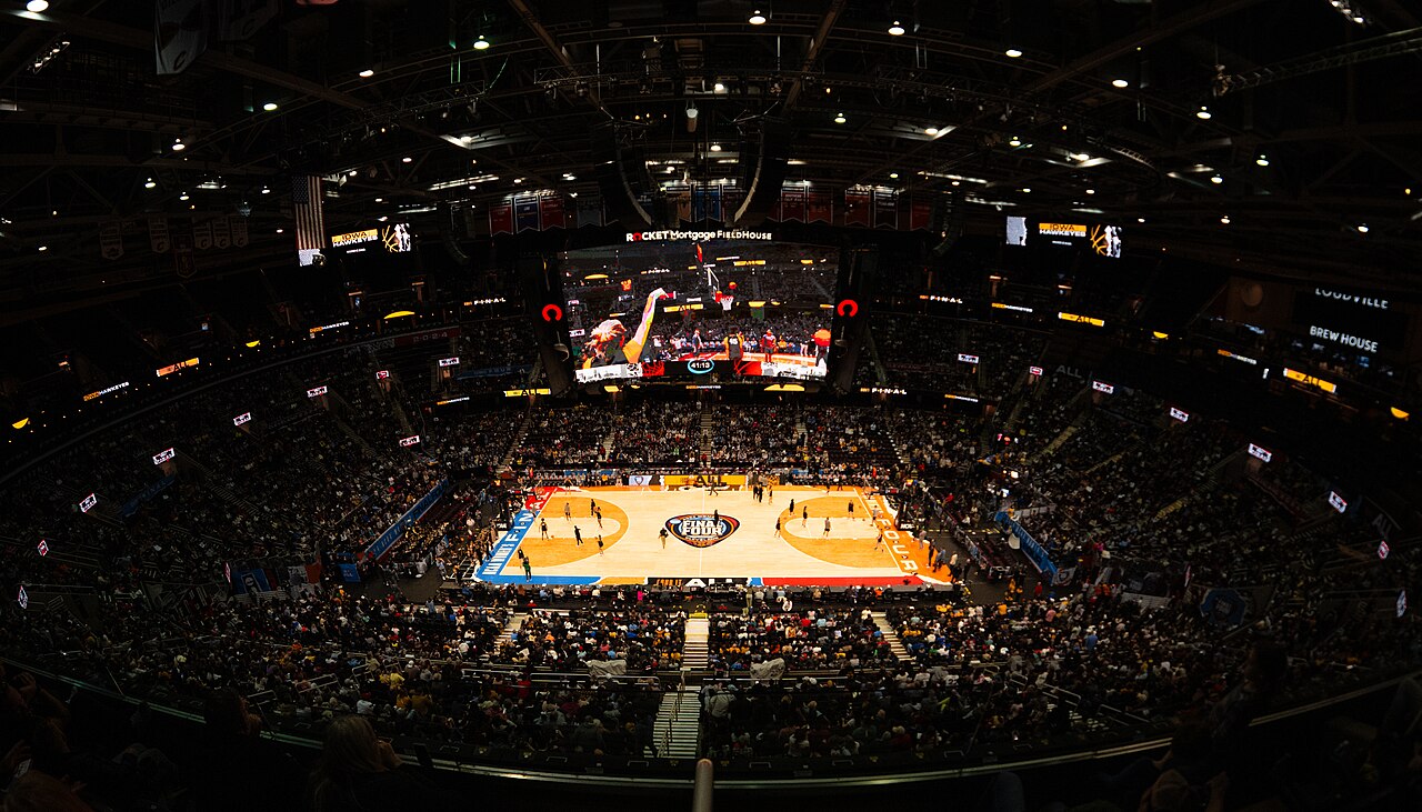 A bird's eye view of a basketball court before a game in the NCAA Women’s tournament